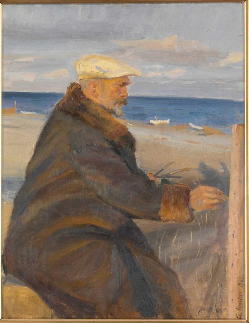 Michael Ancher pintando na praia (Michael Ancher desenhando na praia) - Anna Ancher