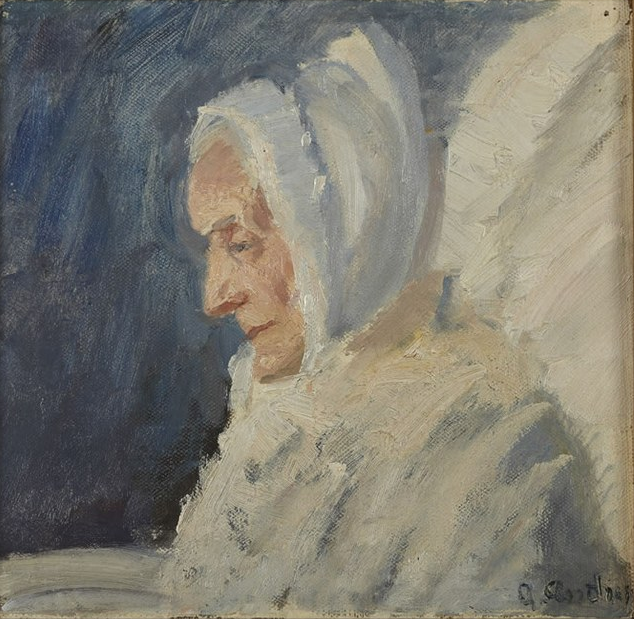 Mme Brøndum vestida de branco. - Anna Ancher