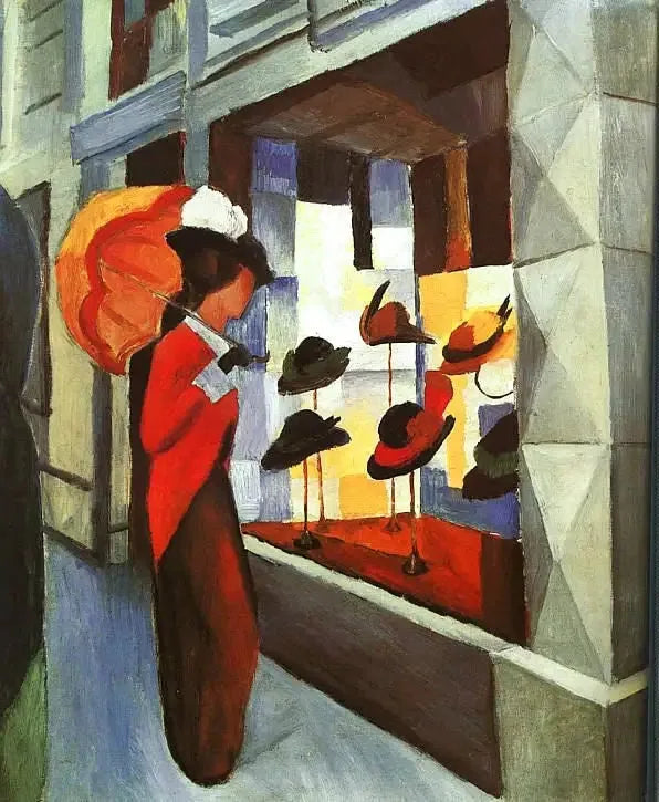 Modo: Mulher com sombrinha em frente à loja do modista - August Macke