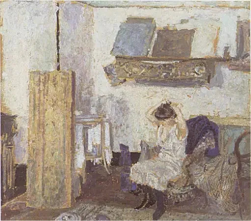 Modelo sentado em uma poltrona, arrumando o cabelo - Édouard Vuillard