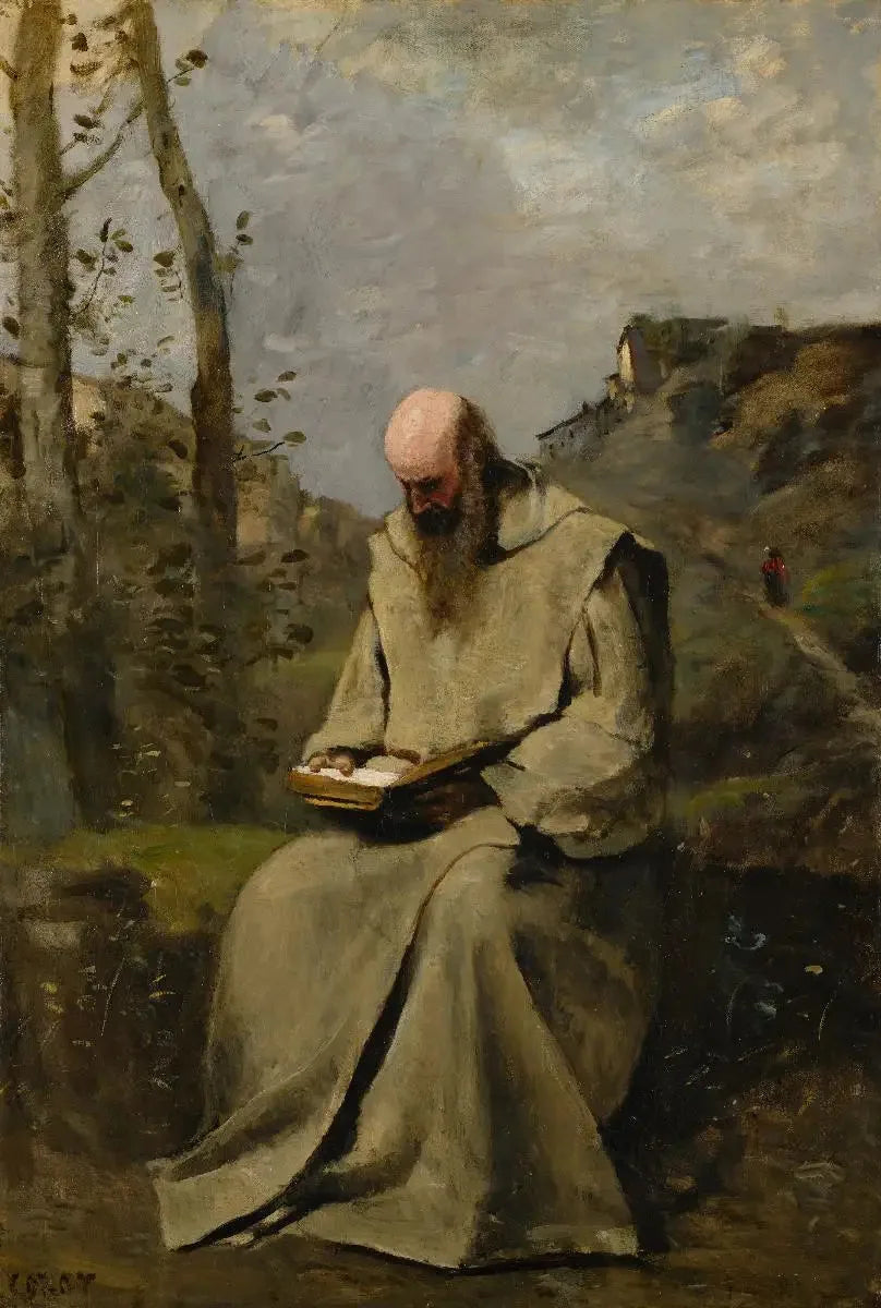 Monge sentado, lendo - Jean-Baptiste Camille Corot