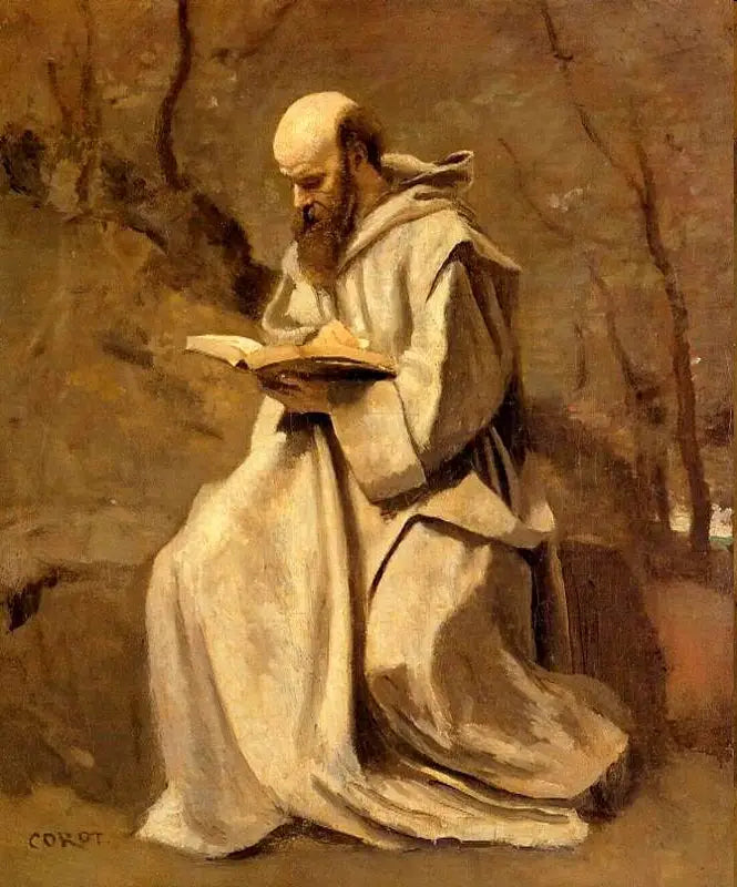 Monge branco, sentado, lendo - Jean-Baptiste Camille Corot
