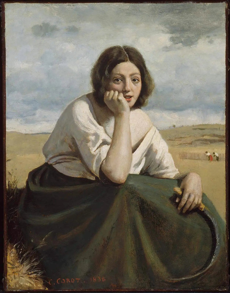Colheitadeira segurando sua foice, cabeça apoiada na mão - Jean-Baptiste Camille Corot