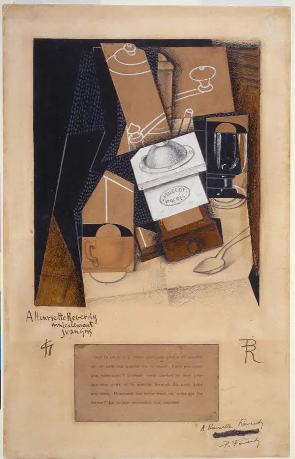 Moedor de café, xícara e copo sobre uma mesa - Juan Gris