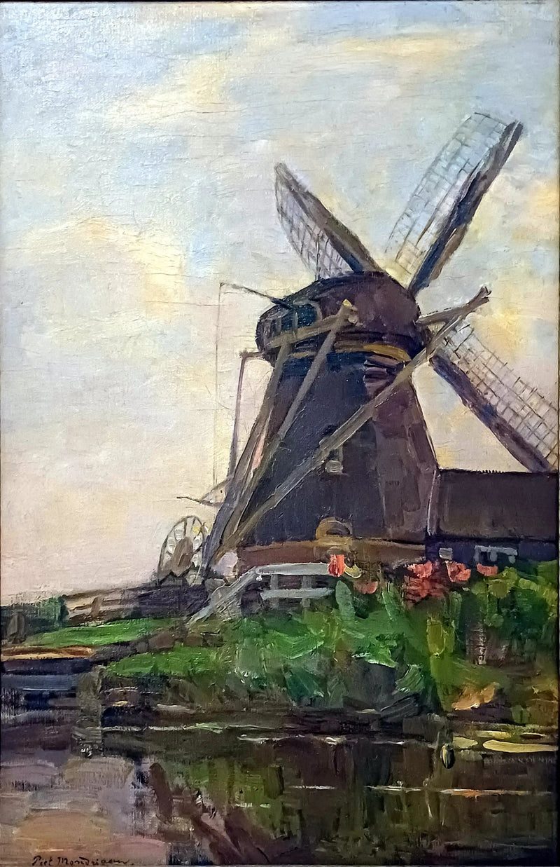 Moulin d'Oostzijdse, esboço a óleo vertical com céu azul - Piet Mondrian