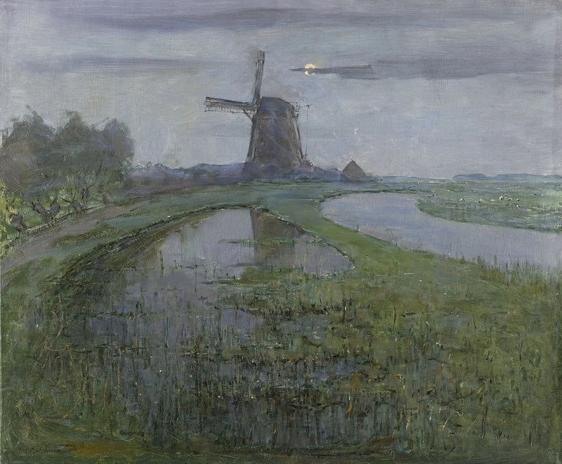 Moinho de Oostzijdse ao longo do rio Gein à luz da lua - Piet Mondrian