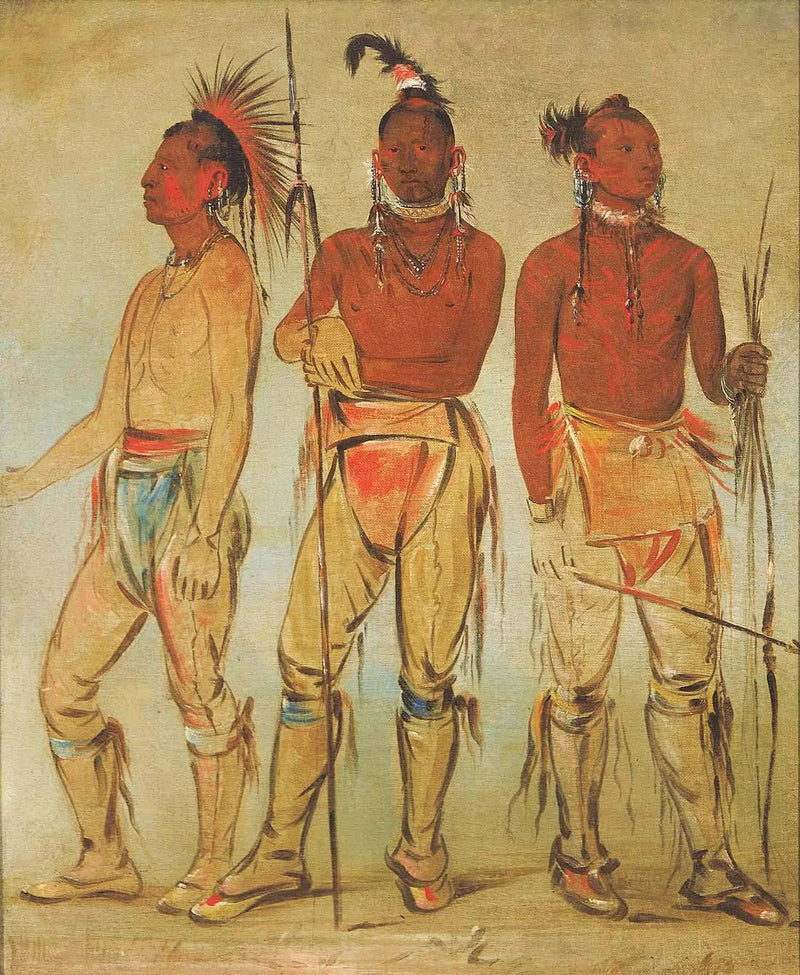 Mun-ne-pús-kee, Aquele que não tem medo; Ko-ha-túnk-a, Grande Corvo; e Nah-cóm-ee-shee, O Homem da Cama, Três Jovens Guerreiros - George Catlin