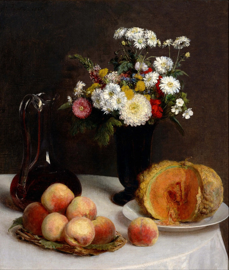 Natureza morta com garrafa, flores e frutas - Henri Fantin-Latour