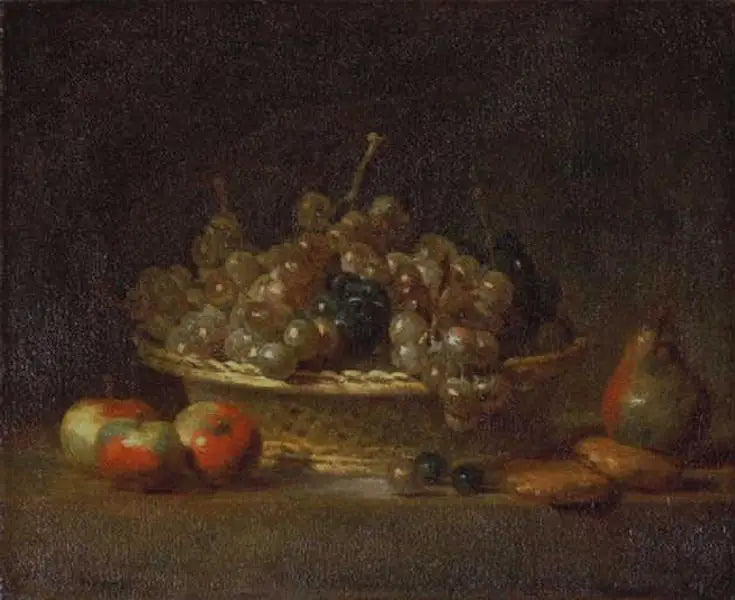 Natureza morta com uma cesta de passas, três maçãs, uma pera e dois massapãs - Jean Simeón Chardin