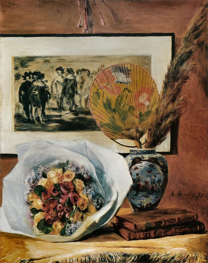 Natureza morta com buquê e leque - Pierre-Auguste Renoir