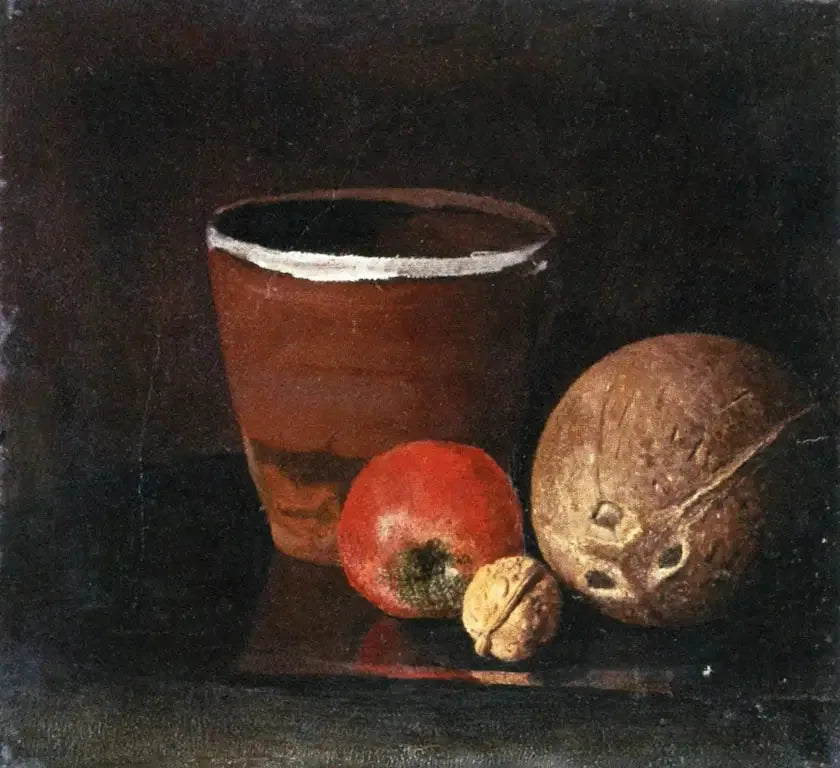 Natureza morta com pote, maçã, noz e coco - Edvard Munch