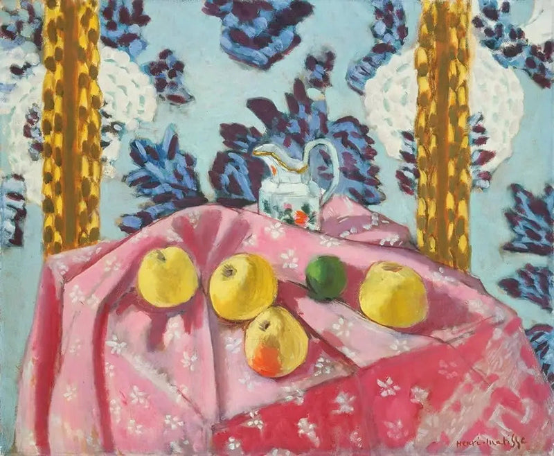 Natureza morta com maçãs sobre uma toalha rosa - Henri Matisse