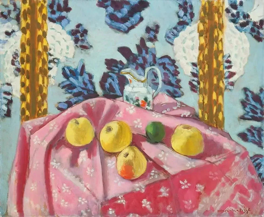 Natureza morta com maçãs sobre uma toalha rosa - Henri Matisse