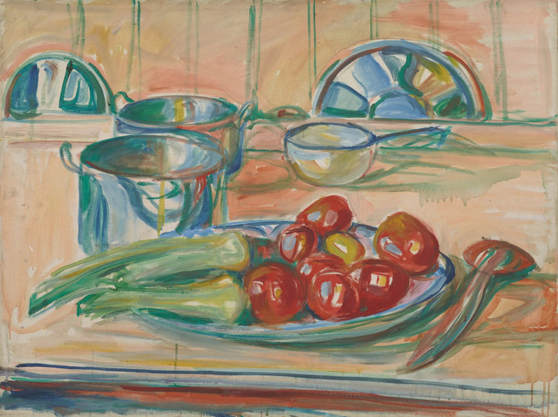 Natureza morta com tomates, alho-poró e panelas - Edvard Munch