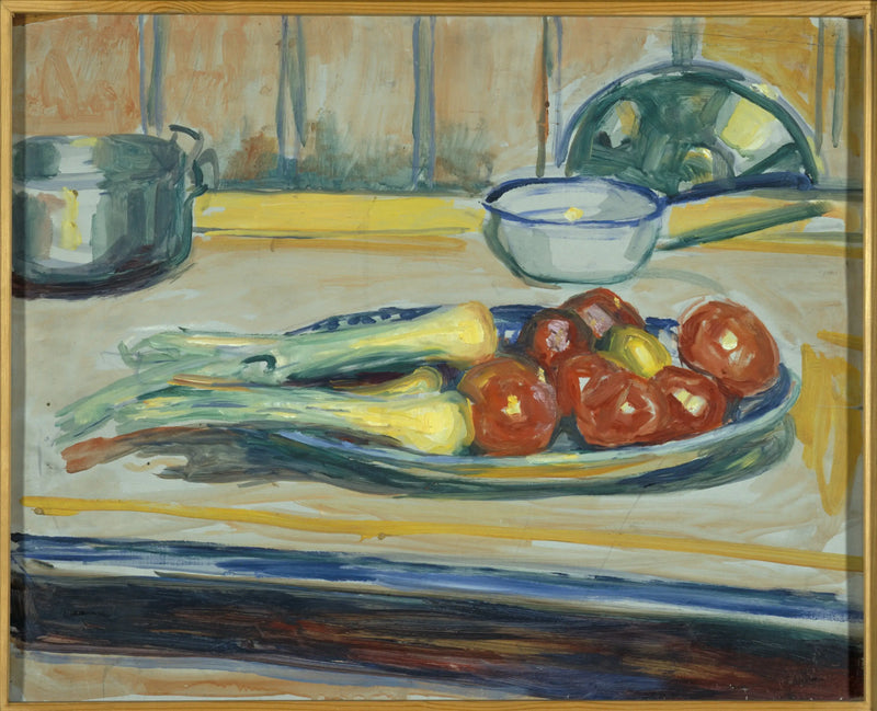 Natureza morta com tomates, alho-poró e panelas - Edvard Munch