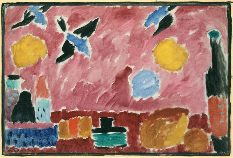 Natureza morta com garrafa, pão e papel de parede vermelho com andorinhas - Alexej von Jawlensky