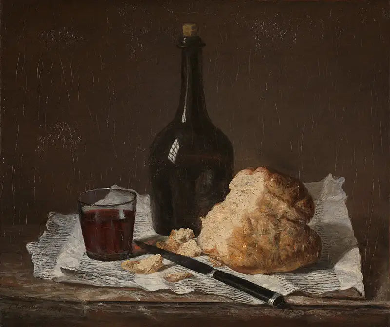 Natureza morta com garrafa, copo e pão - Jean Simeón Chardin