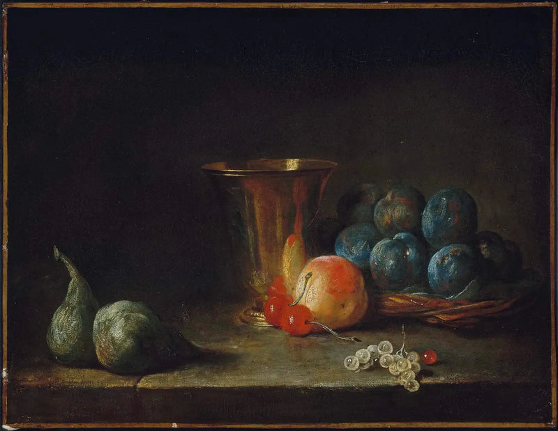 Natureza morta com garrafa, copo de prata e frutas - Jean Simeón Chardin