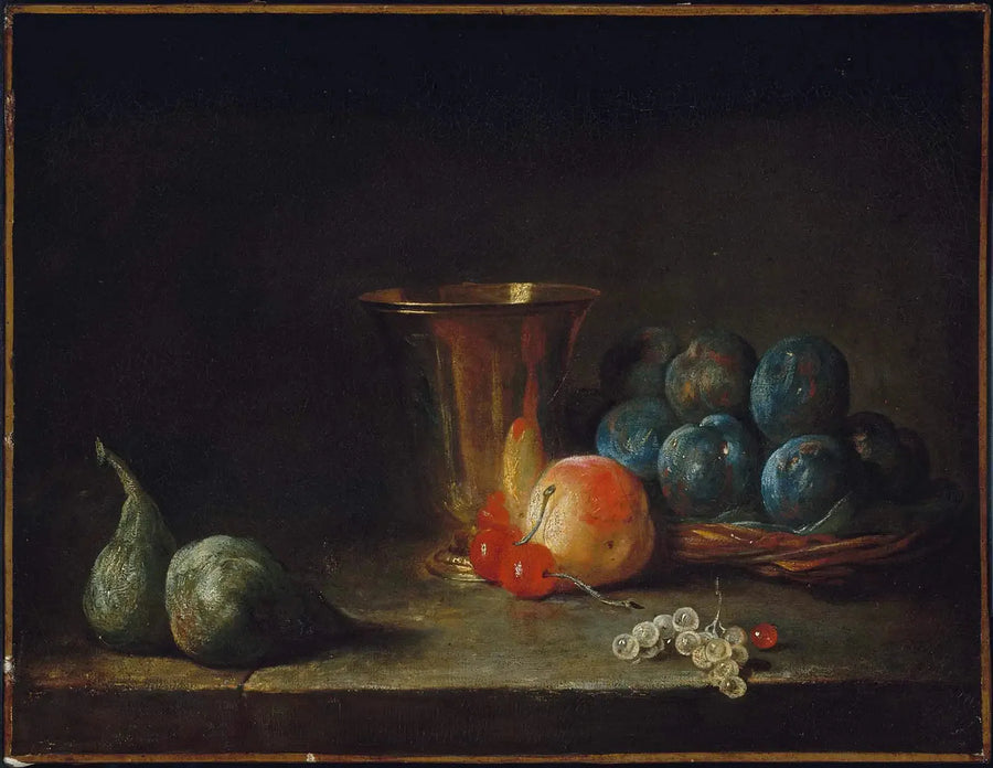 Natureza morta com garrafa, copo de prata e frutas - Jean Simeón Chardin