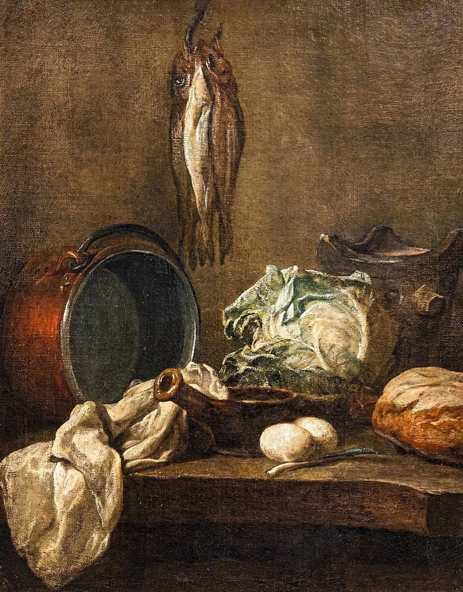 Natureza morta com caldeira, panela, fogão, pano de prato, couve-flor, dois ovos, alho-poró, pão e três arenques - Jean Simeón Chardin