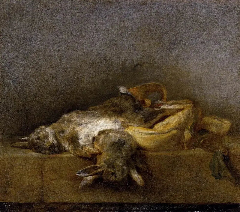 Natureza morta com dois coelhos, uma gibecière e uma pera de pó - Jean Simeón Chardin