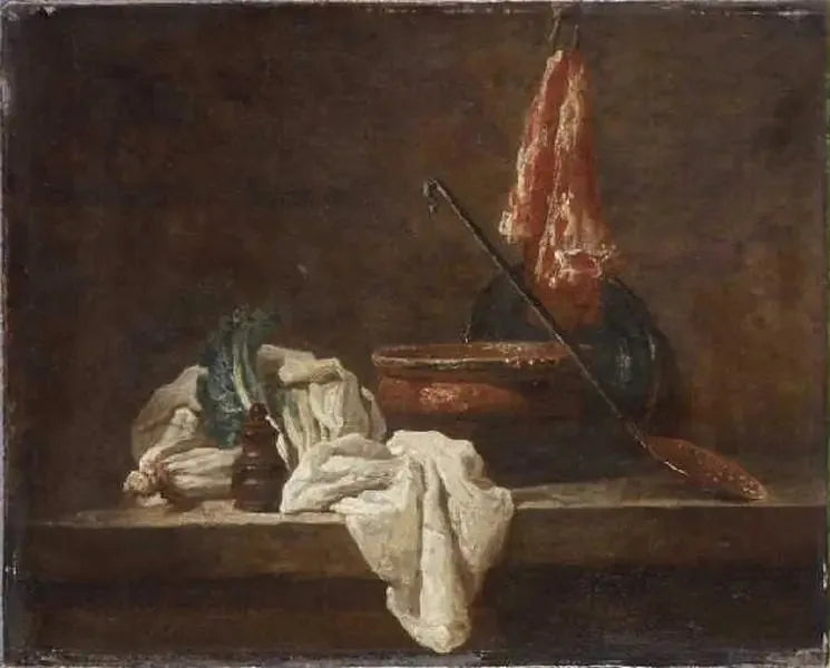 Natureza morta com dois talos de aipo, pote de especiarias, pano de prato, terrina, prato, escumadeira e pedaço de carne - Jean Simeón Chardin