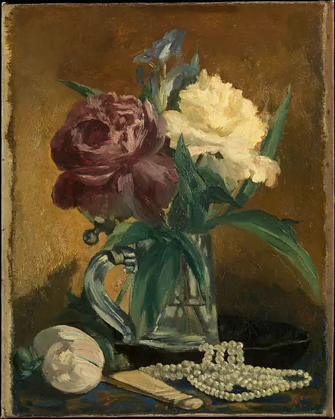 Natureza morta com flores, leque e pérolas - Édouard Manet