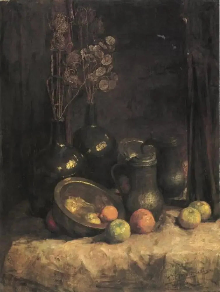 Natureza morta com espelho, recipientes, honestidade e frutas - Piet Mondrian