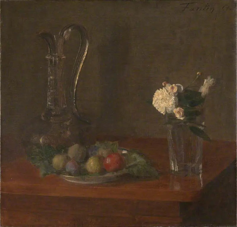 Natureza morta com jarro de vidro, frutas e flores - Henri Fantin-Latour
