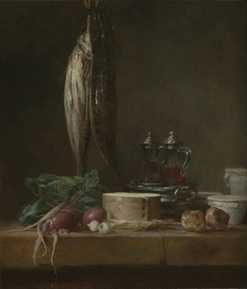 Natureza morta com peixes, legumes, gougères, potes e buretas sobre uma mesa - Jean Simeón Chardin