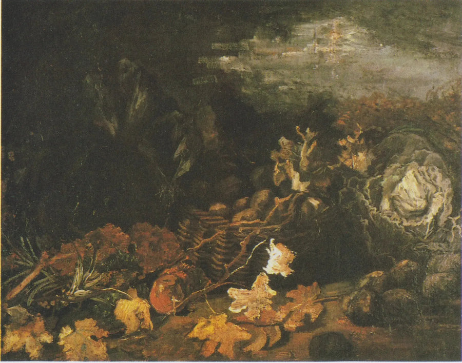 Natureza morta com uma cesta de batatas, cercada por folhas de outono e legumes - Vincent van Gogh
