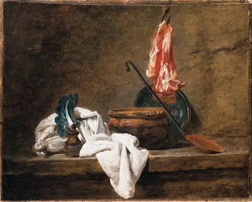 Natureza morta com um pano, uma panela, um prato, uma escumadeira e carne em um gancho - Jean Simeón Chardin