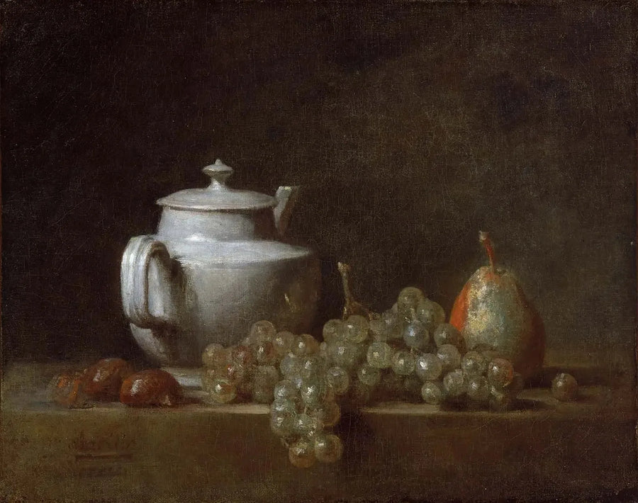 Natureza morta com uma chaleira, uvas, castanhas e uma pera - Jean Simeón Chardin
