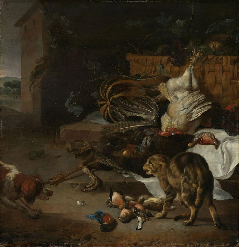Natureza morta com aves de capoeira e frutas - Melchior de Hondecoeter