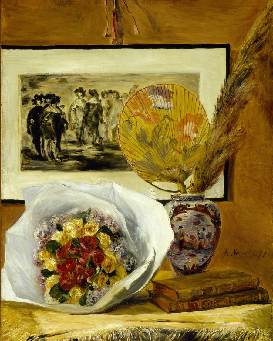 Natureza morta com buquê e leque - Pierre-Auguste Renoir