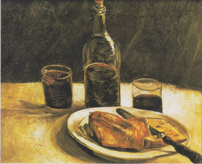 Natureza morta com garrafa, dois copos, queijo e pão - Vincent van Gogh