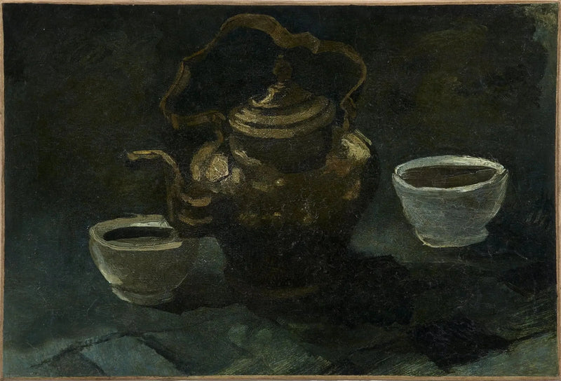 Natureza morta, cafeteira de cobre e duas tigelas brancas - Vincent van Gogh