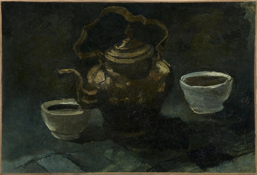 Natureza morta, cafeteira de cobre e duas tigelas brancas - Vincent van Gogh