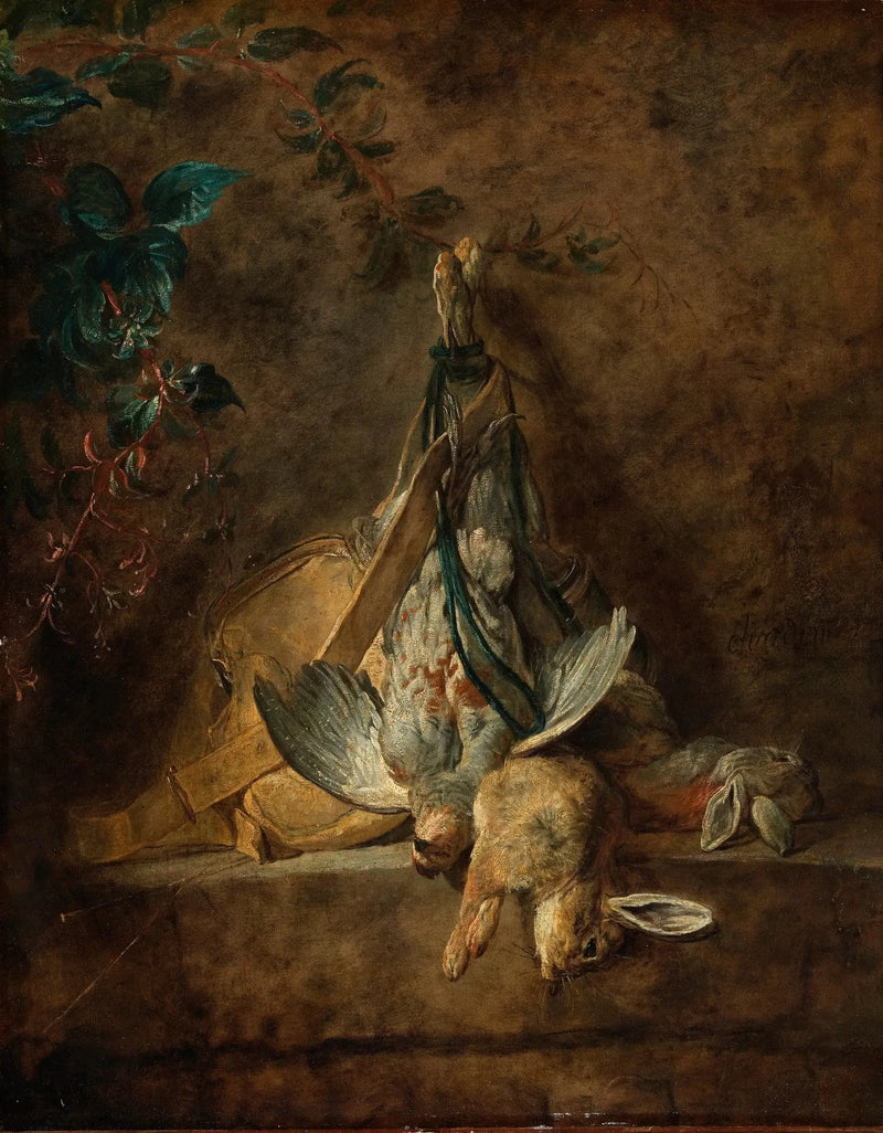 Natureza morta: dois coelhos, uma perdiz cinza, uma gibecière e uma pera de pó - Jean Simeón Chardin