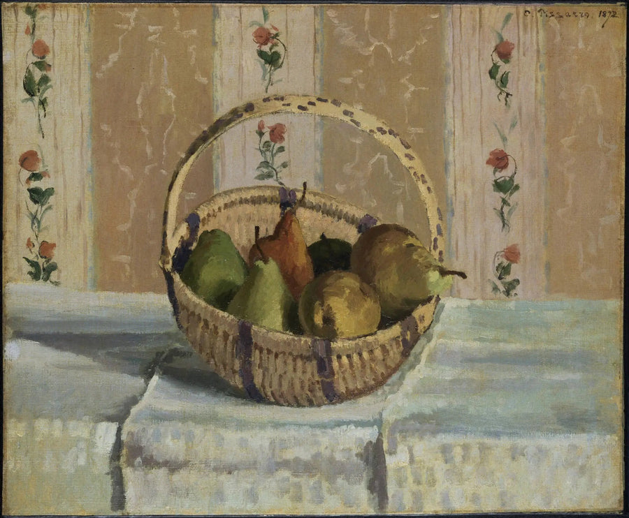 Natureza morta: maçãs e peras em uma cesta redonda - Camille Pissarro