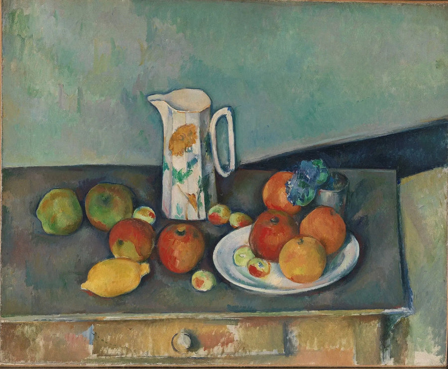 Natureza morta, leiteira e frutas sobre uma mesa - Paul Cézanne