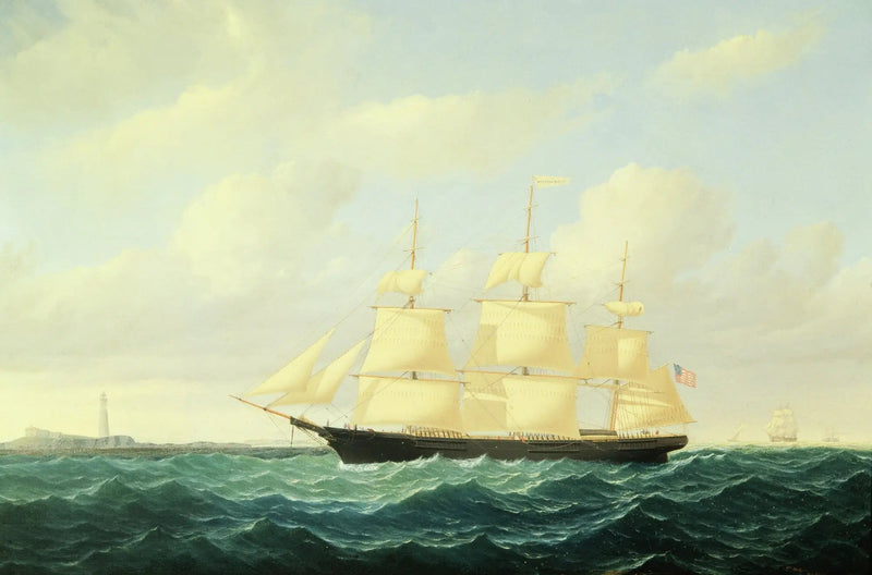 Navio clipper de ondas ao largo do farol de Boston - William Bradford