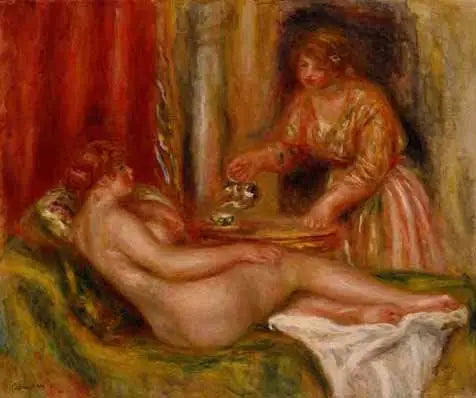 Nu alongado e criado servindo chá - Pierre-Auguste Renoir
