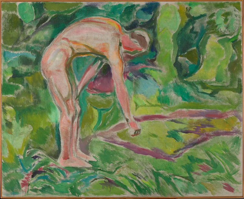 Nu masculino inclinado para frente na floresta - Edvard Munch
