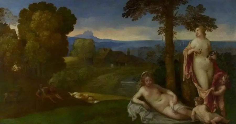 Ninfas e crianças em uma paisagem com pastores - Giorgione