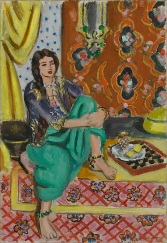 Odalisca sentada, joelho esquerdo dobrado, fundo ornamental e xadrez - Henri Matisse