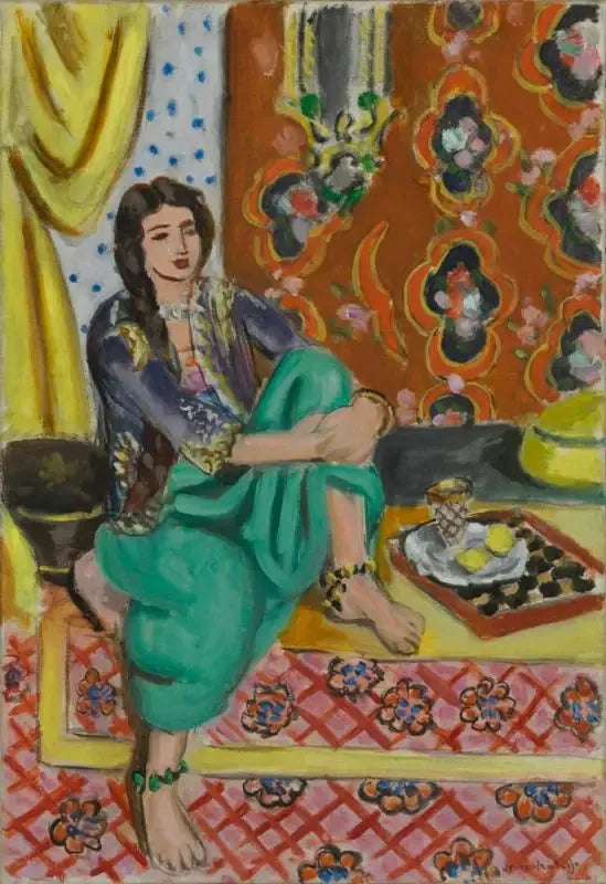 Odalisca sentada, joelho esquerdo dobrado, fundo ornamental e xadrez - Henri Matisse