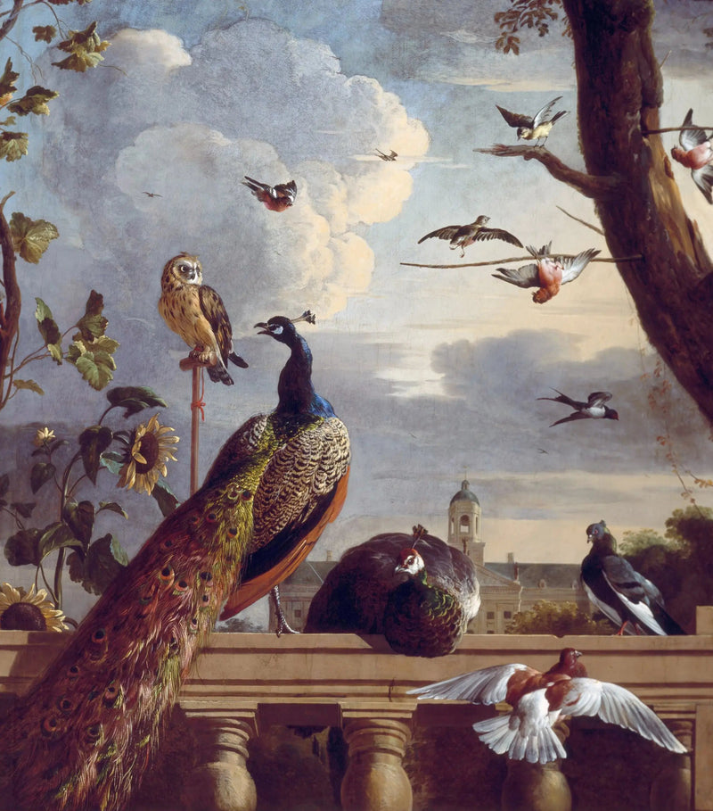 Pássaros ao redor de uma balaustrada, com a prefeitura de Amsterdã ao fundo, 1670 - Melchior de Hondecoeter