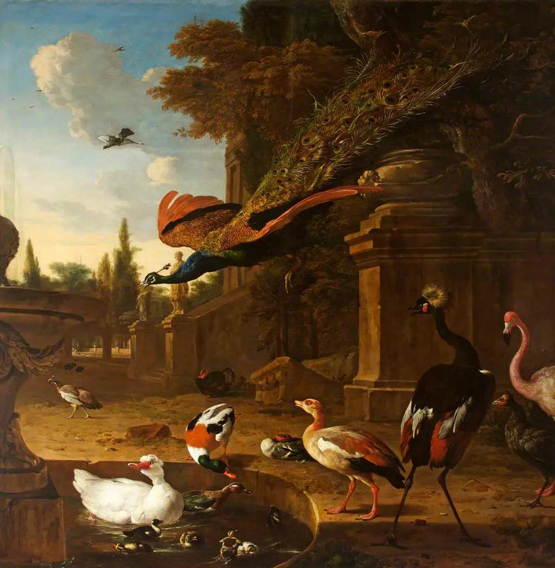 Pássaros ornamentais dentro e ao lado de um lago em um parque, com um pavão voando - Melchior de Hondecoeter