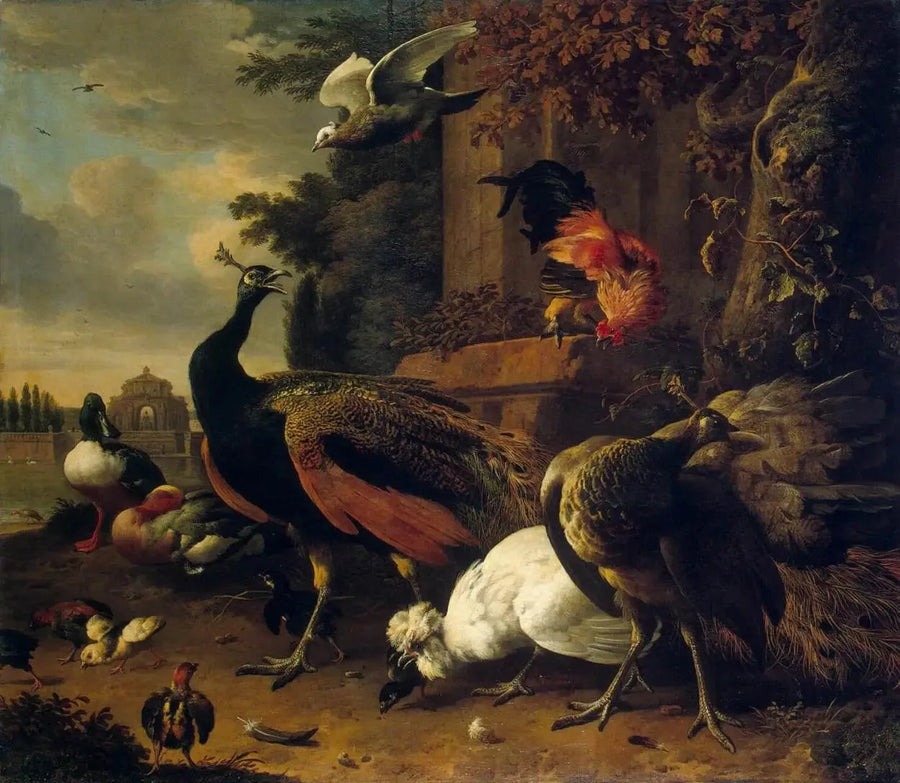 Pássaros em um parque - Melchior de Hondecoeter